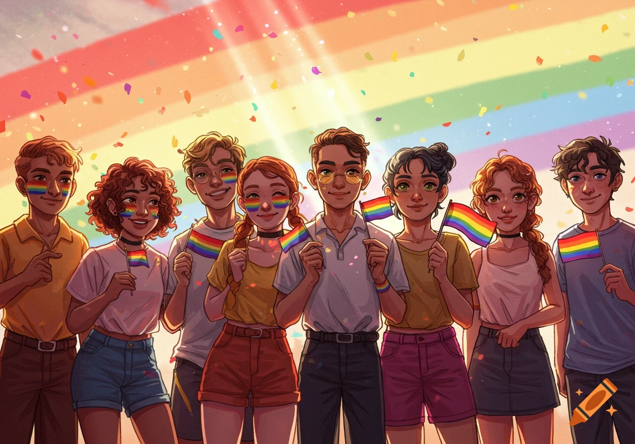 A diverse group of young people with rainbow flags and face paint smiling against a rainbow background with confetti, digital illustration.