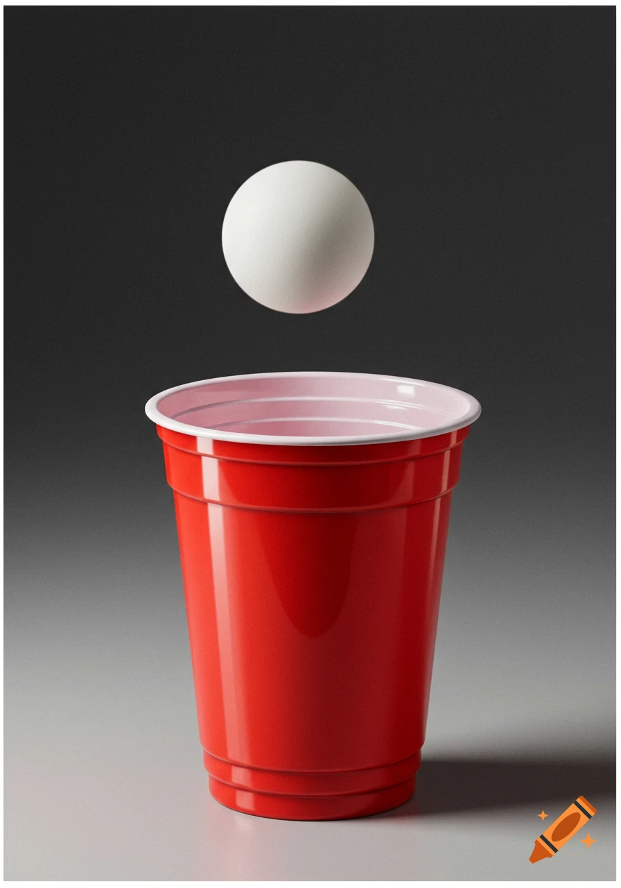 A white ping-pong ball floats above a red plastic cup on a grey surface, photorealistic style.
