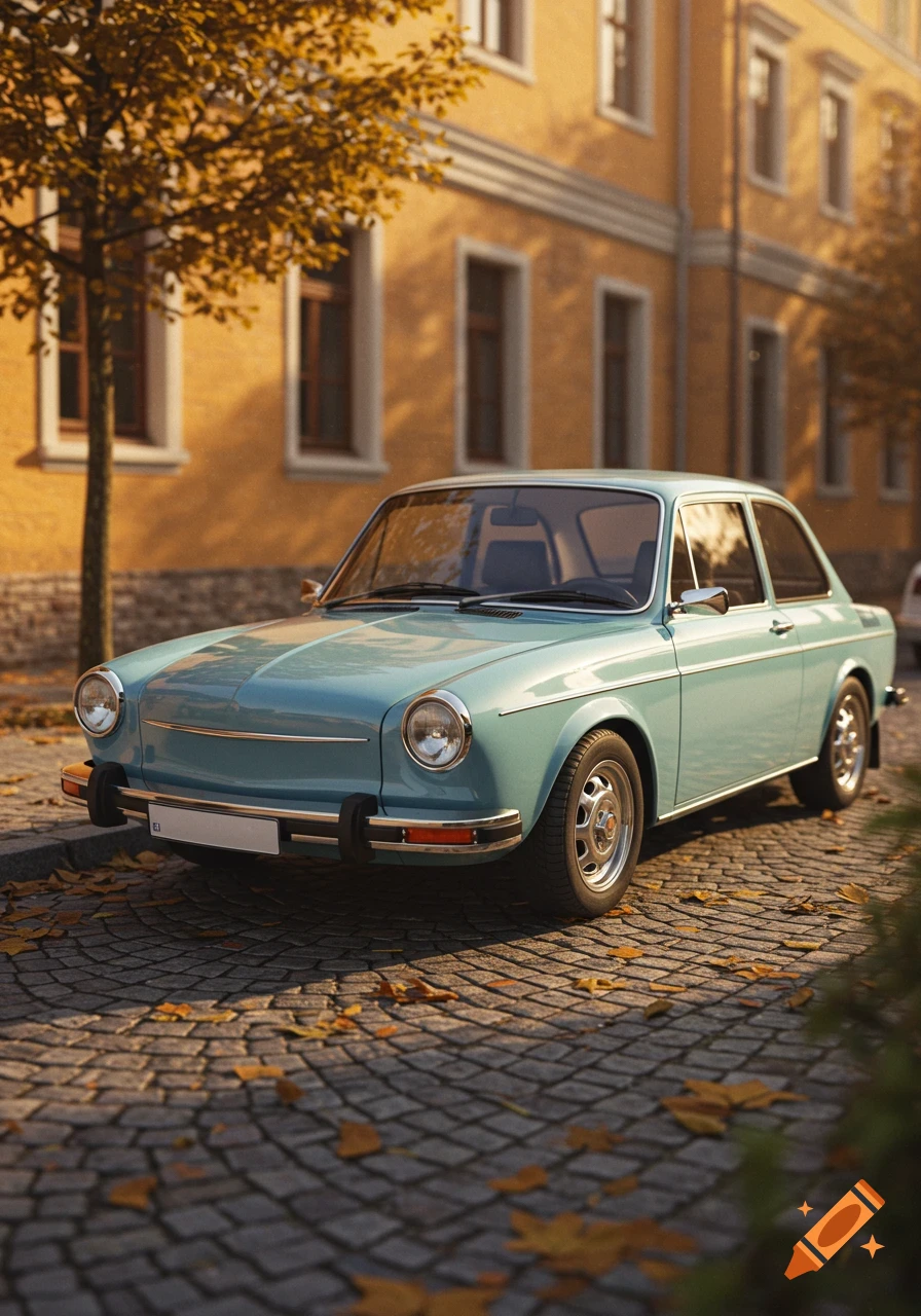 A light blue vintage car parked on a cobblestone street with autumn leaves, in front of a yellow building.