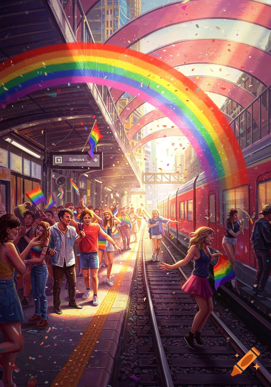 Vibrant illustration of diverse people celebrating LGBTQ+ Pride on a train station platform with rainbow flags and confetti.