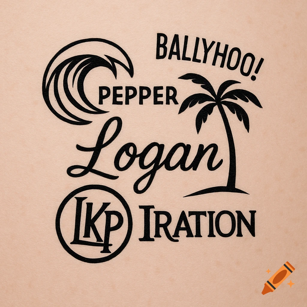 Black tattoo design featuring band names Ballyhoo!, Pepper, and Iration, with the name Logan and initials LKP, alongside a wave and palm tree.
