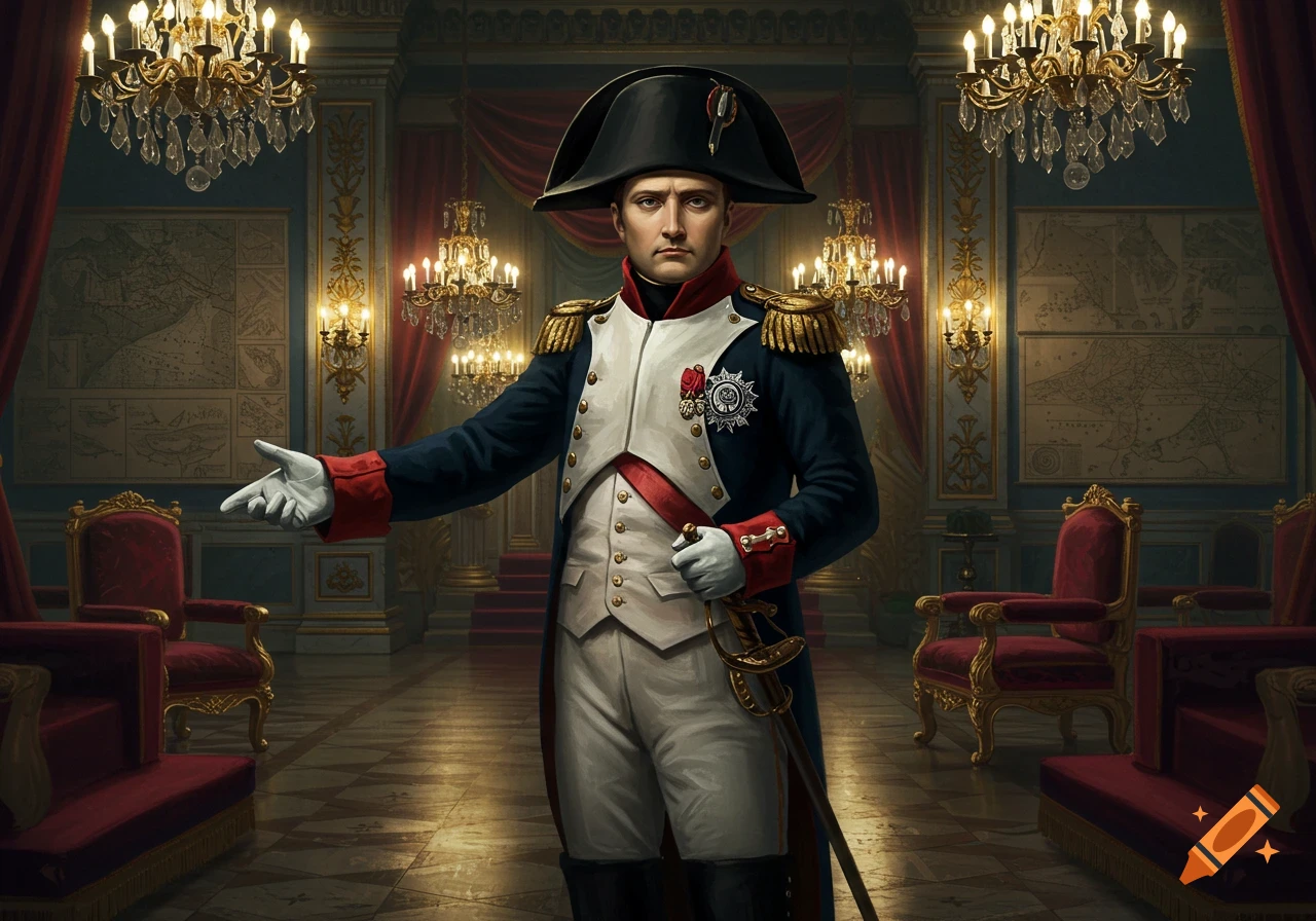 Photorealistic portrait of Napoleon Bonaparte in a grand palace room, wearing his iconic bicorne hat and military uniform.