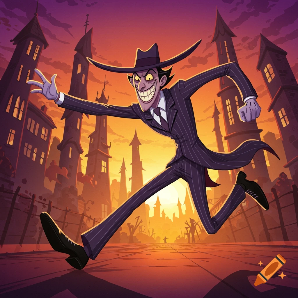 A lanky, grinning cartoon villain in a pinstripe suit and wide-brimmed hat runs through a stylized city at sunset.