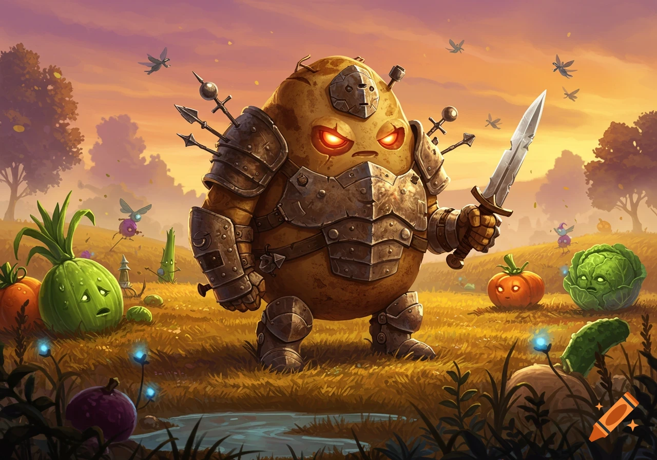 A heavily armored potato with glowing red eyes holds a sword, standing in a field with other frightened vegetables and flying insects, in a fantasy illustration.