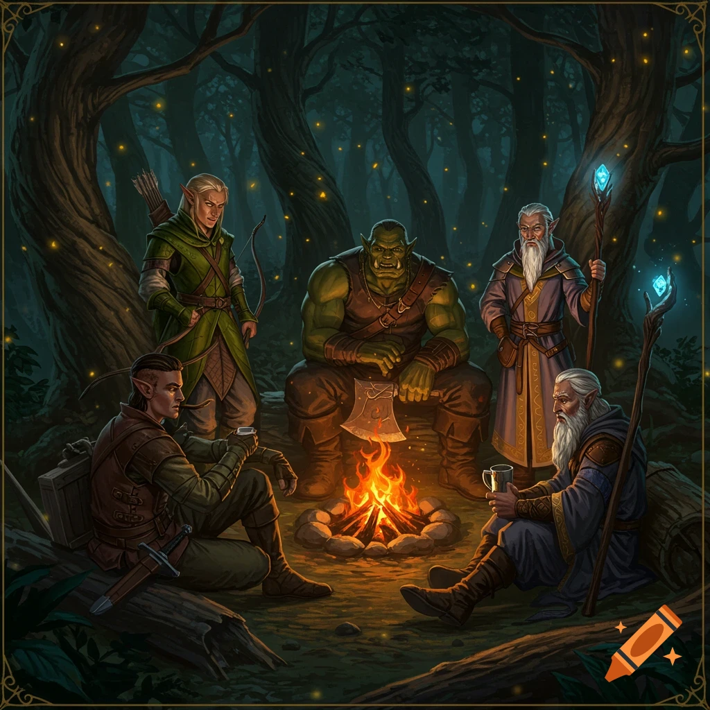 Five diverse D&D fantasy characters, including elves, an orc, and wizards, gathered around a campfire in a magical dark forest at night, rendered in an illustrative style.