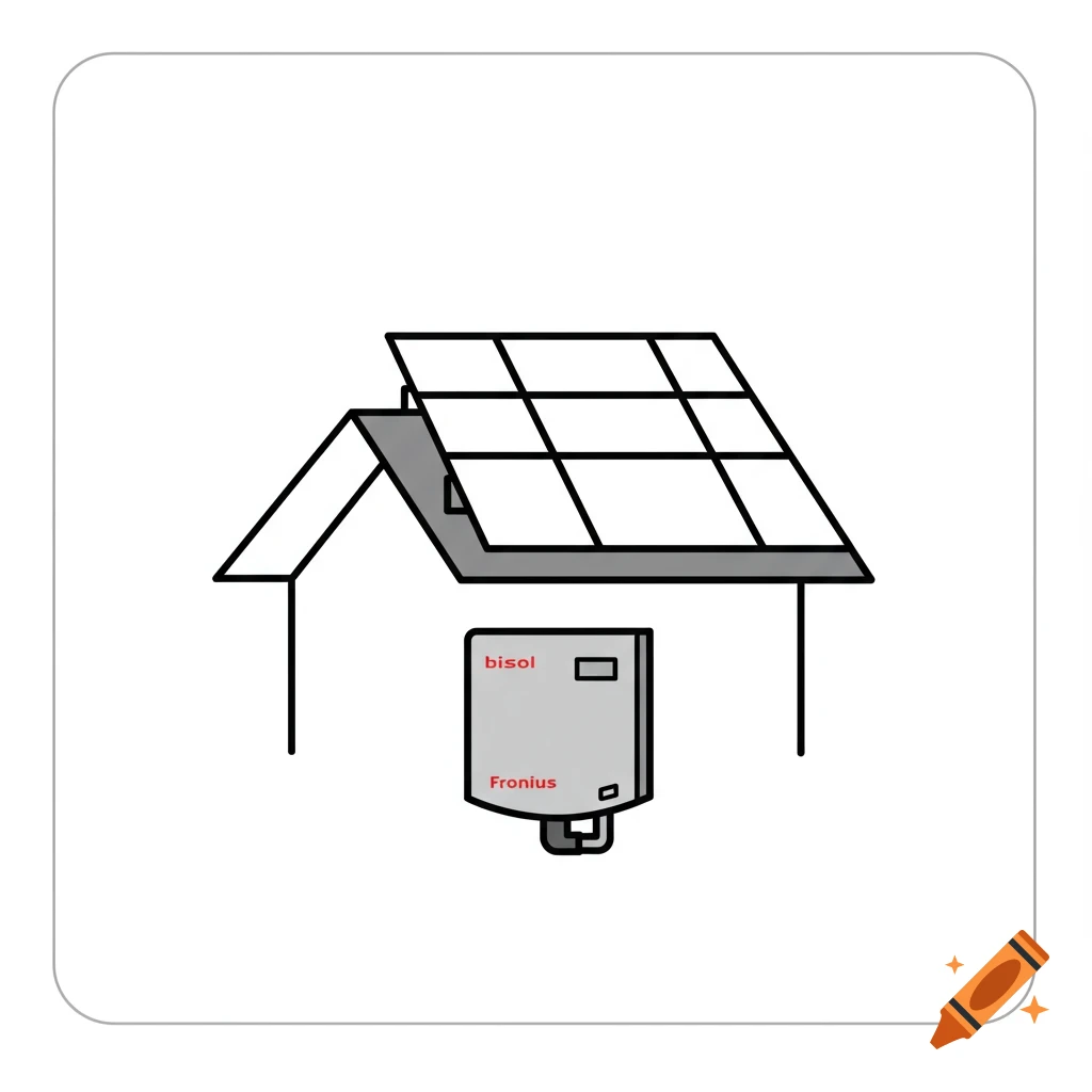 Minimalist line art icon of a house with solar panels on the roof and a Bisol Fronius inverter below.