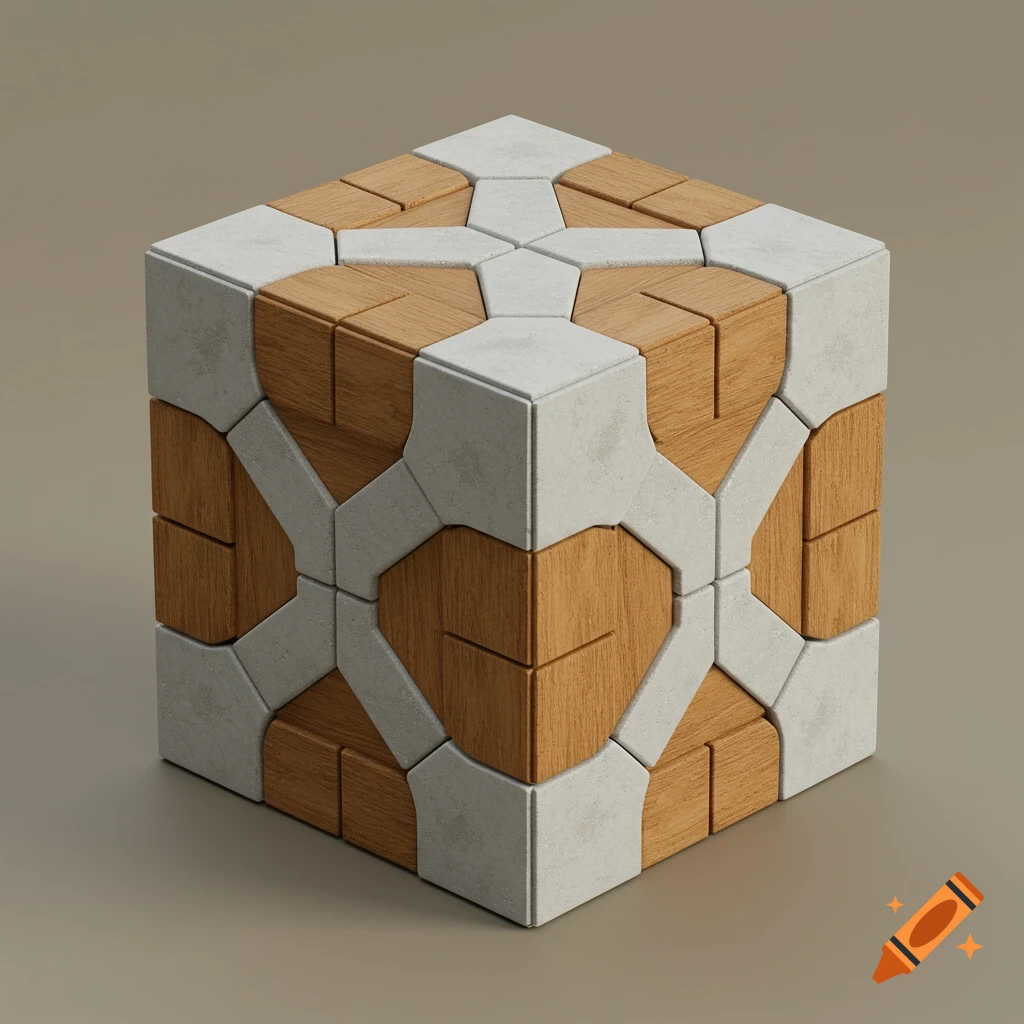 A 3D render of an abstract puzzle cube made of white plaster and wood pieces forming a geometric pattern.
