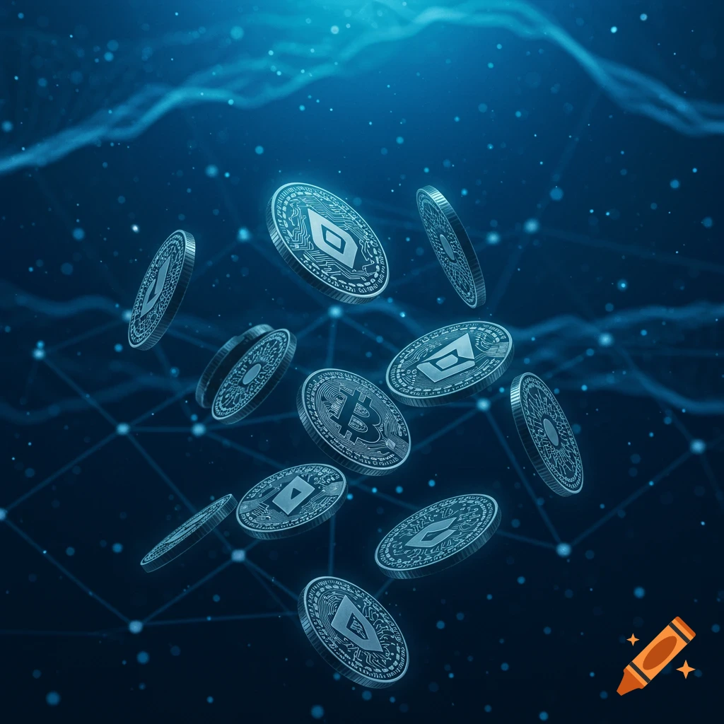 Floating cryptocurrency coins, including Bitcoin and Ethereum symbols, against a dark blue digital background with glowing particles and network lines.