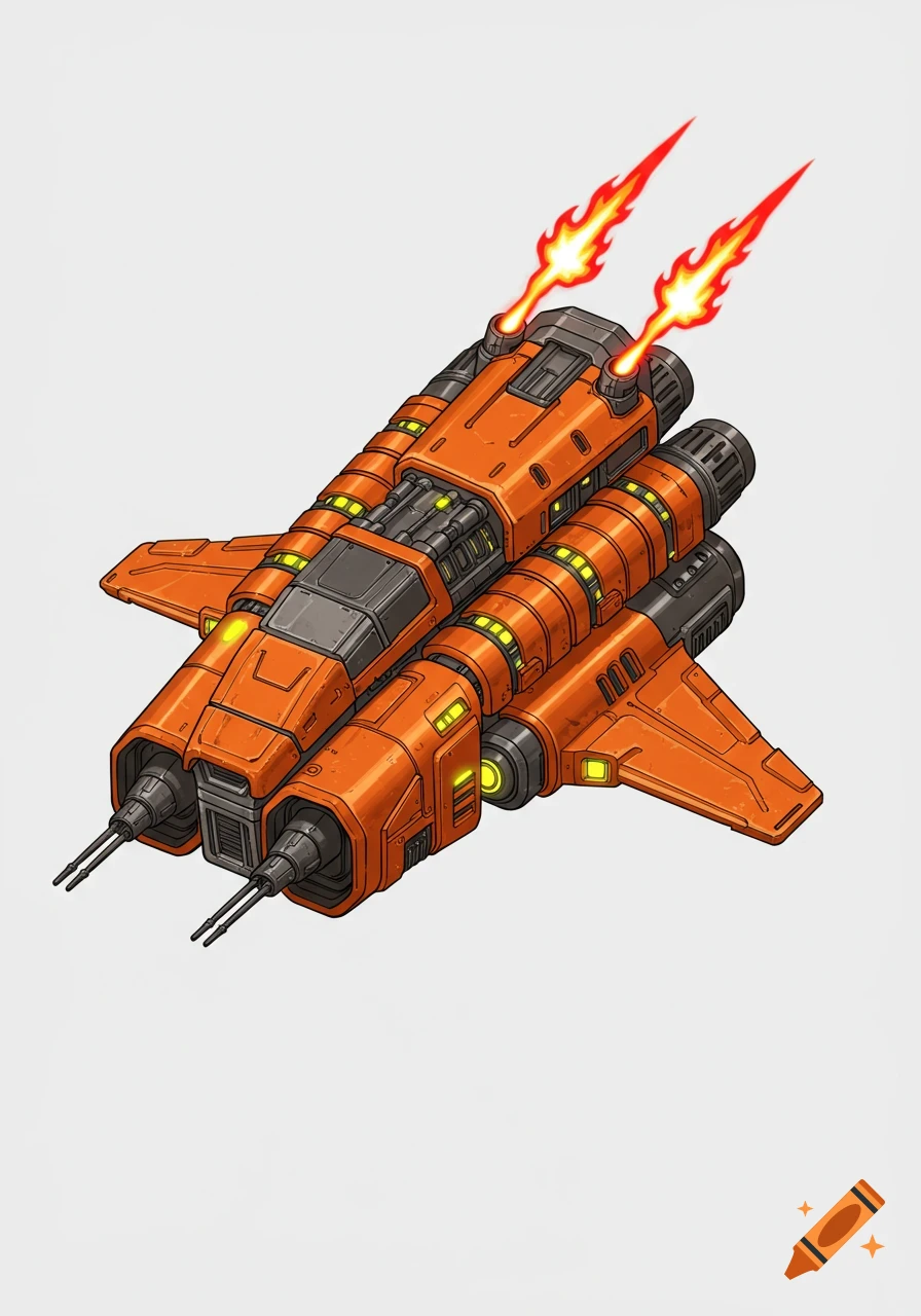 Top-down view of an orange game sprite spaceship with yellow lights and red flames from its engines.
