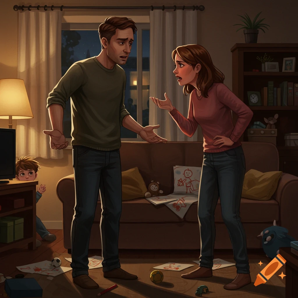 An illustration of a man and woman arguing in a cluttered living room while a small child peeks from behind a TV stand.