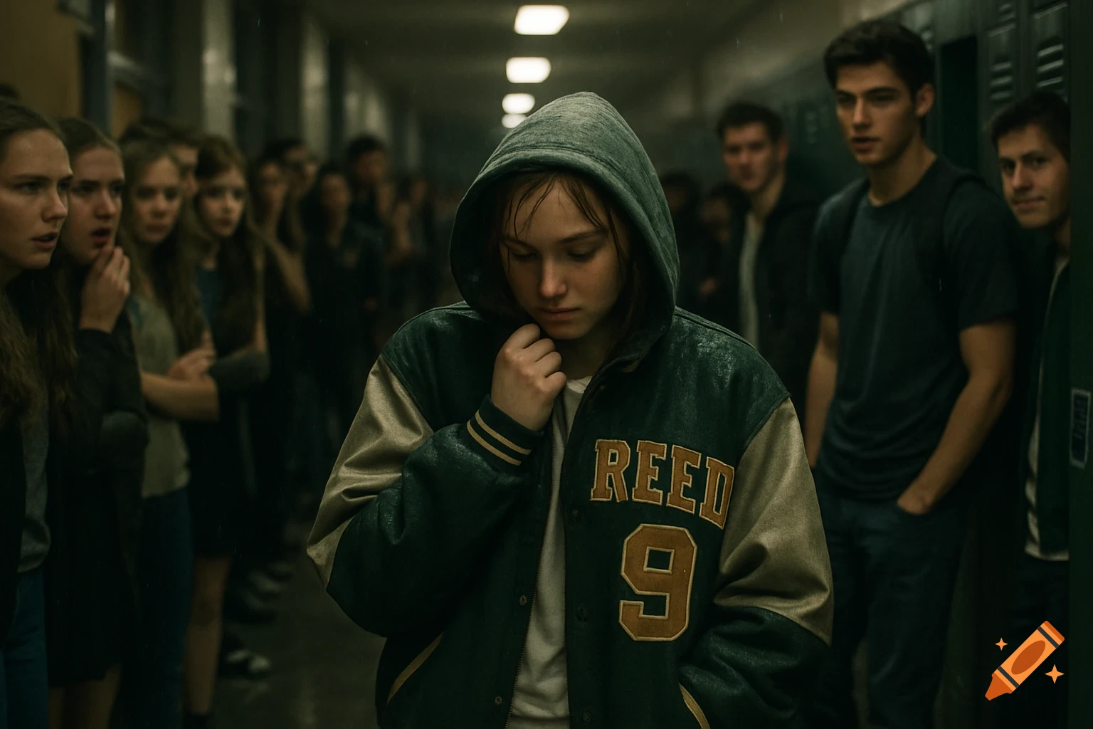 A girl in a green and white bomber jacket with "REED 9" walks down a dimly lit high school hallway, head lowered, as other students stare. Cinematic.
