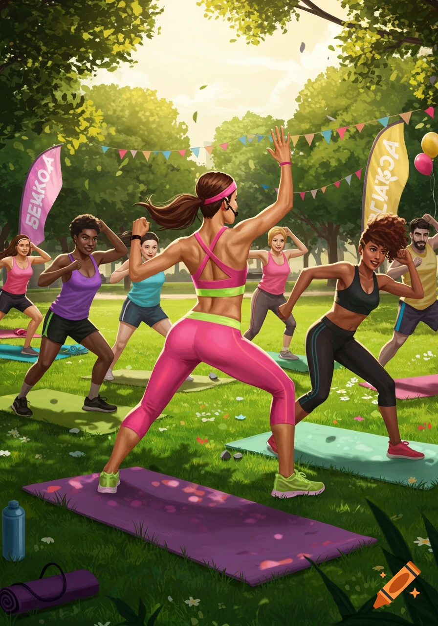 A vibrant illustration of a diverse group of people exercising in a sunny park, doing aerobics or dance moves on yoga mats. Colorful flags and balloons decorate the background.