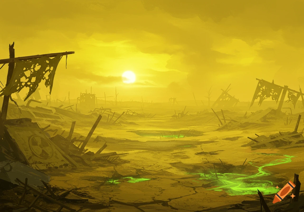 A desolate, yellow-tinted radioactive wasteland landscape under a bright sun, with ruins, rubble, and glowing green toxic puddles.