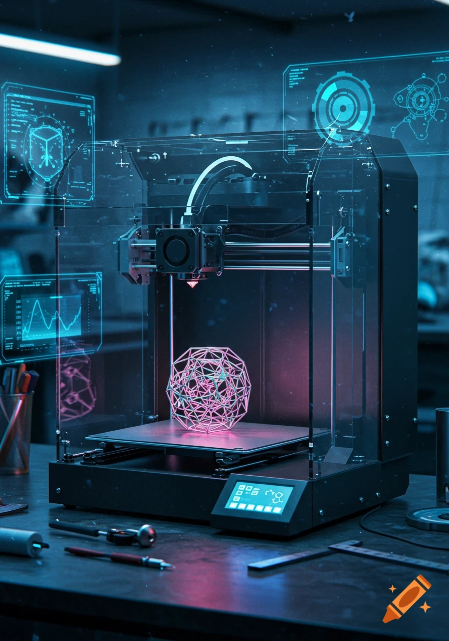 A dark, futuristic lab with a 3D printer producing a glowing pink geometric object, surrounded by blue holographic displays.