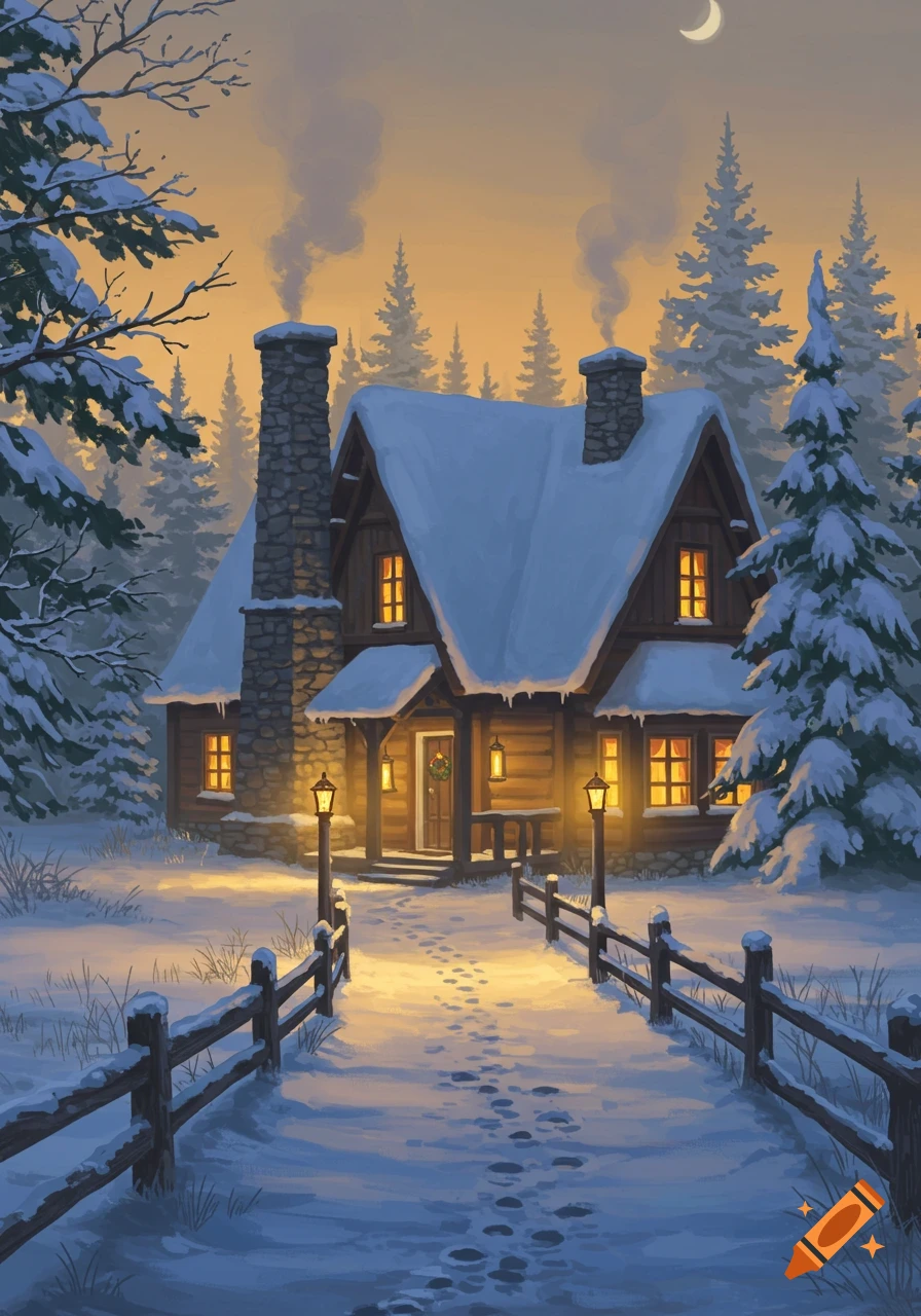 A cozy, snow-covered log cabin in a winter forest, illuminated by warm lights and path lanterns under an orange dusk sky with a crescent moon.