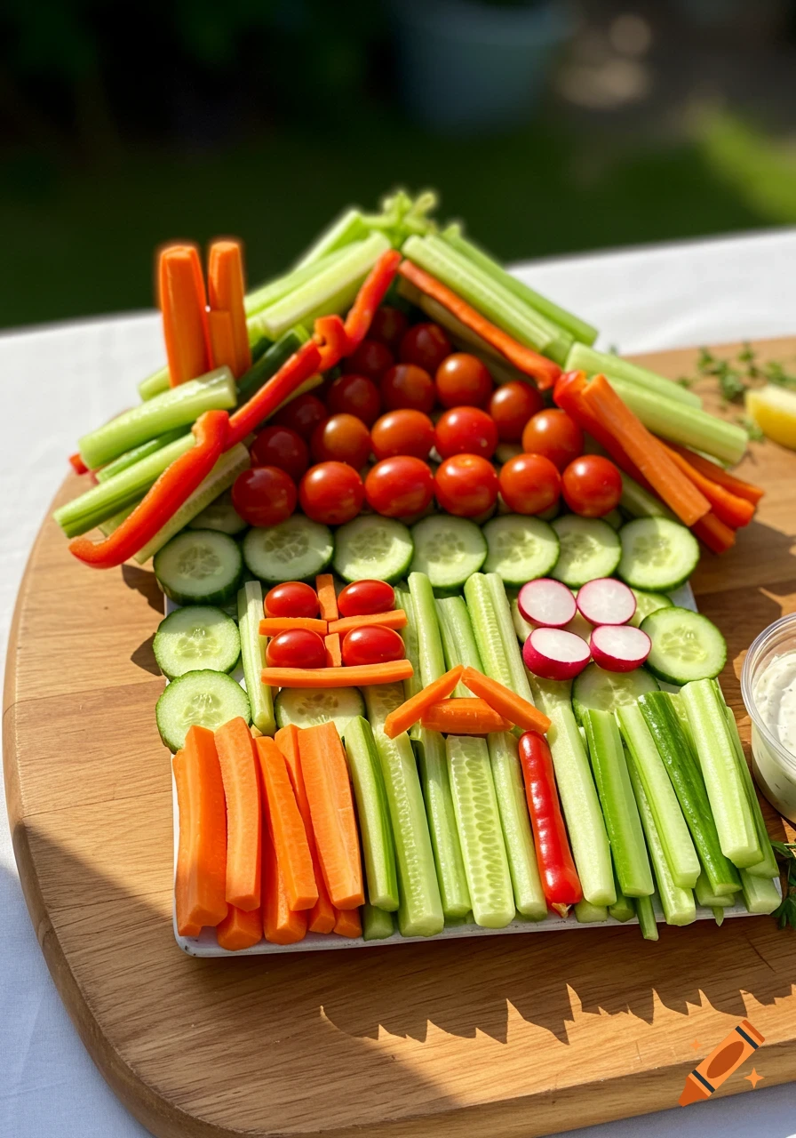 A colorful crudités platter shaped like a house, featuring carrots, celery, cucumbers, tomatoes, and radishes, on a wooden board.