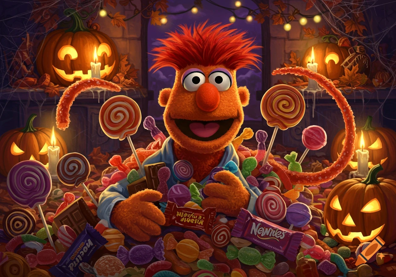 Muppet Beaker grins happily in a huge pile of colorful Halloween candy, lollipops, and chocolate, surrounded by carved pumpkins and candles.