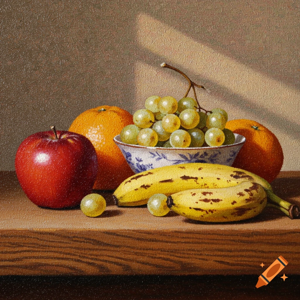 Pointillist painting of a still life with a red apple, oranges, grapes in a bowl, and bananas on a wooden table.