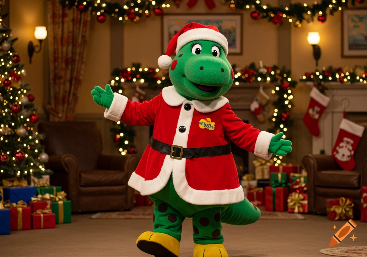 Dorothy the dinosaur from The Wiggles wears a Santa suit in a festive Christmas living room with a tree and garlands.