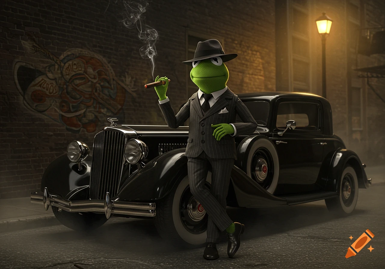 Kermit the Frog dressed as a gangster in a pinstripe suit and fedora, smoking a cigar and leaning on a vintage black car in a moody, dimly lit alley with brick walls.