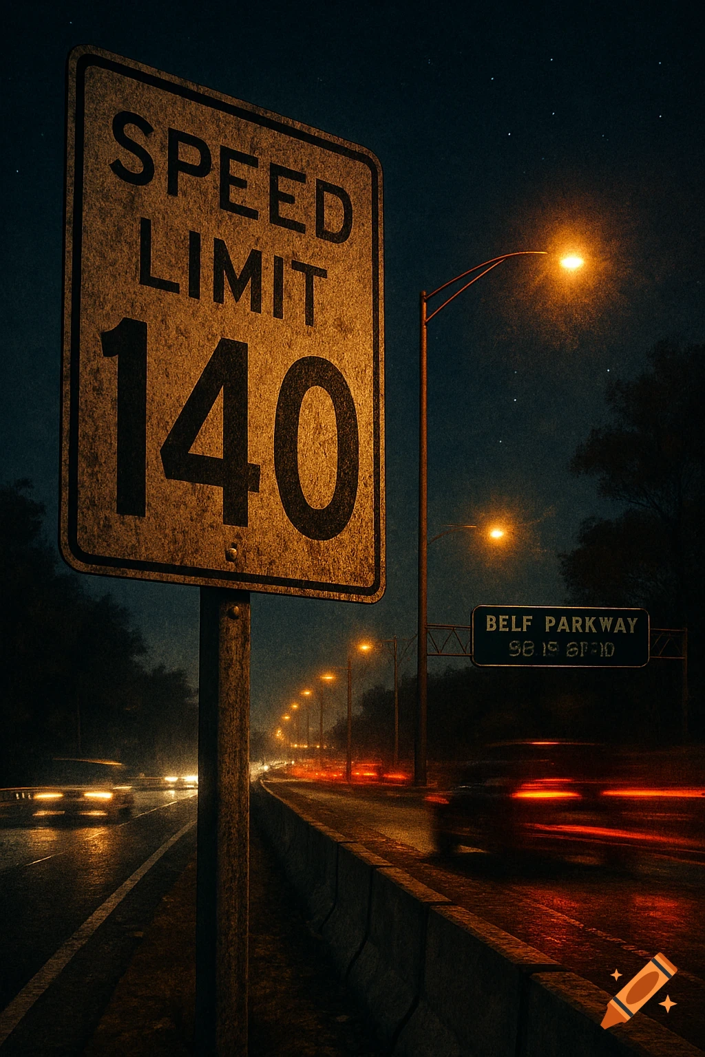 A large, weathered speed limit sign showing "SPEED LIMIT 140" on a highway at night, with blurred car lights and streetlights.