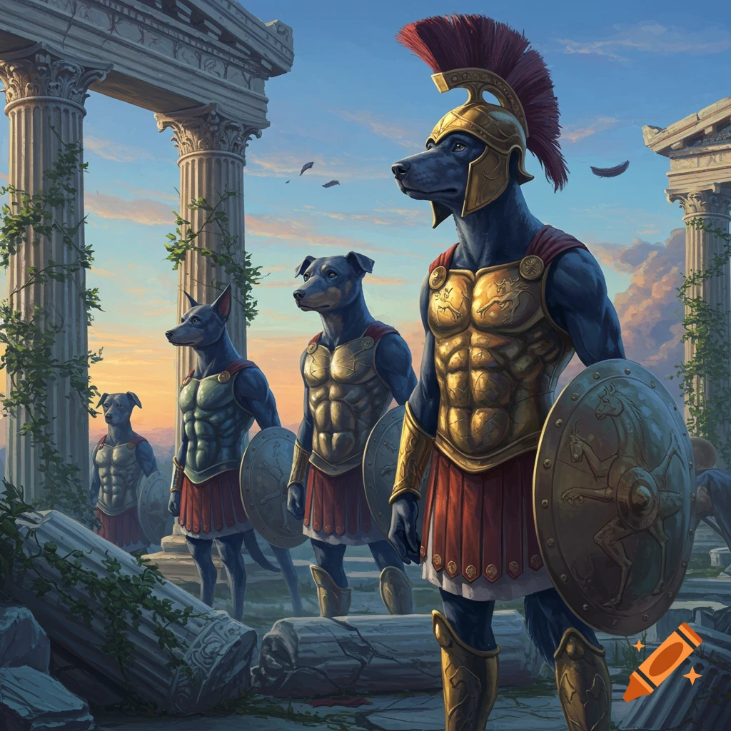 Anthropomorphic blue dogs in gold ancient Greek armor stand in ruins under a sunset sky.