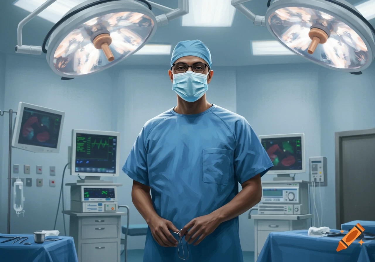 A urologist wearing a blue scrub suit, cap, mask, and glasses stands in an operating room with surgical lights and monitors.
