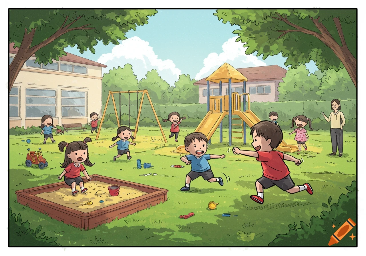 Cartoon illustration of children playing in a sunny kindergarten playground with a sandbox, swings, and slide, watched by a teacher.