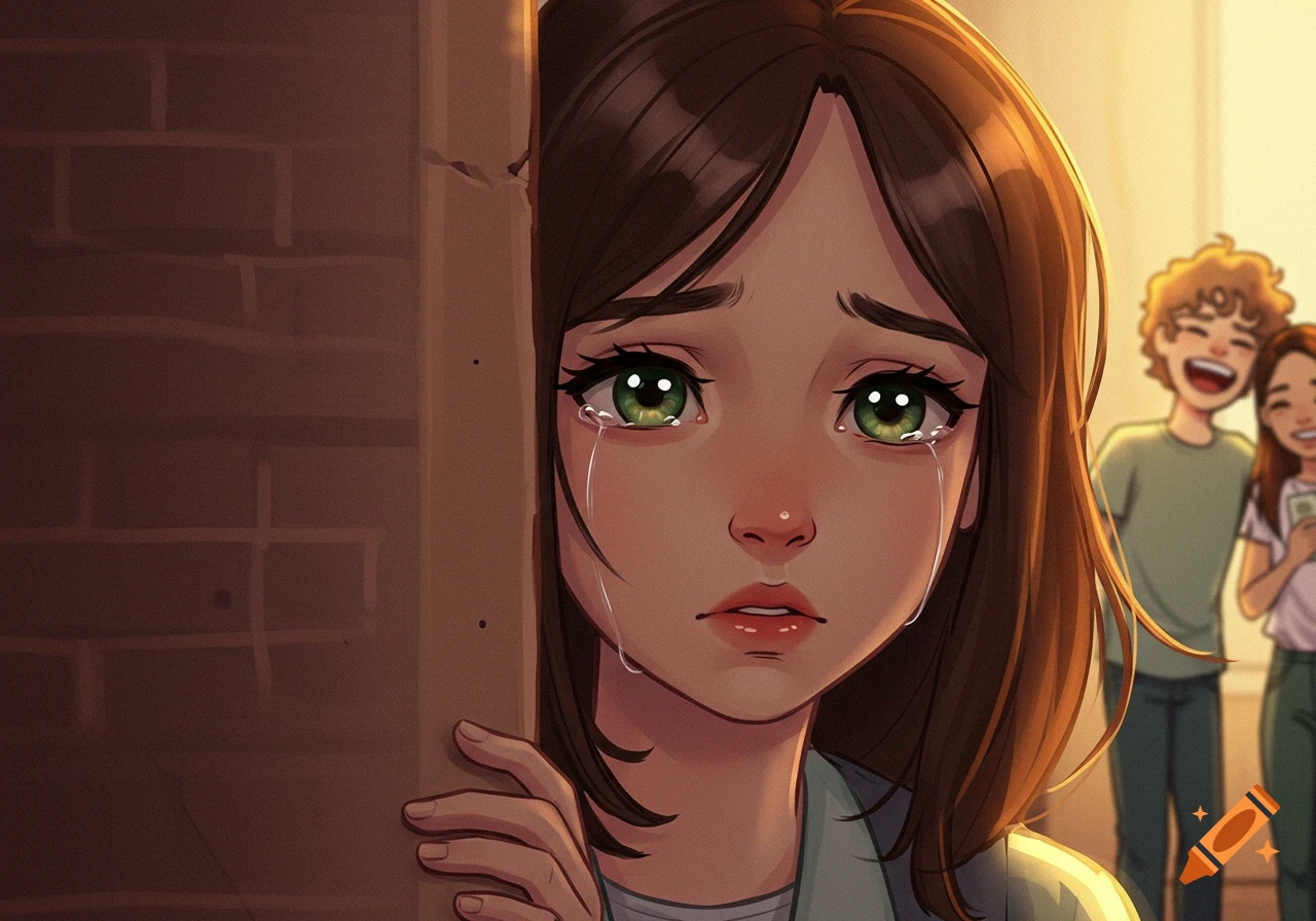 Cartoon girl with teary green eyes sadly peeks around a wall at friends laughing in the distance.