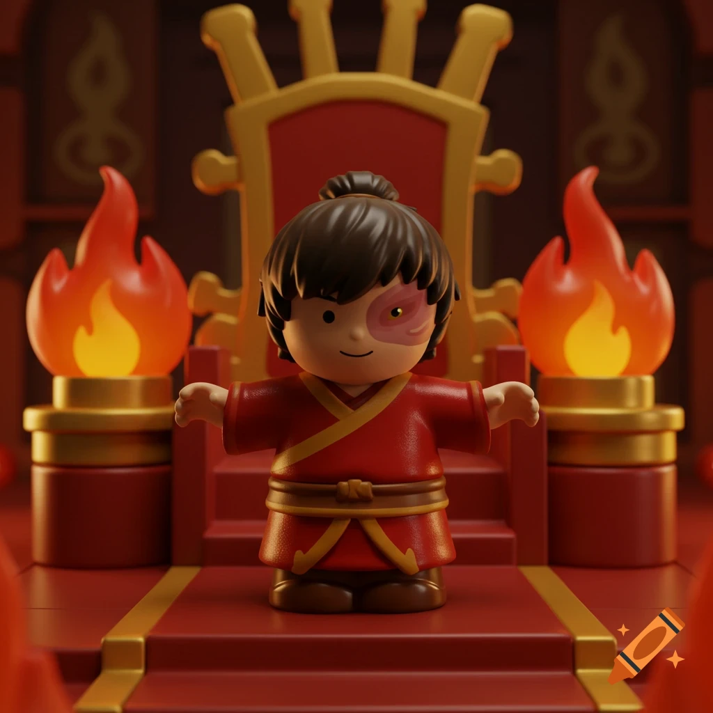 A Fisher Price-style toy figure of Prince Zuko in red robes standing before a throne with flame lamps.