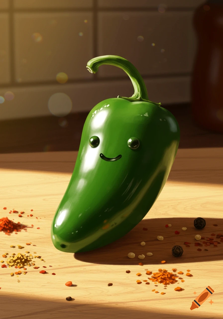 A cartoonish green jalapeno pepper with a smiling face sits on a wooden surface with scattered spices in an illustrative style.