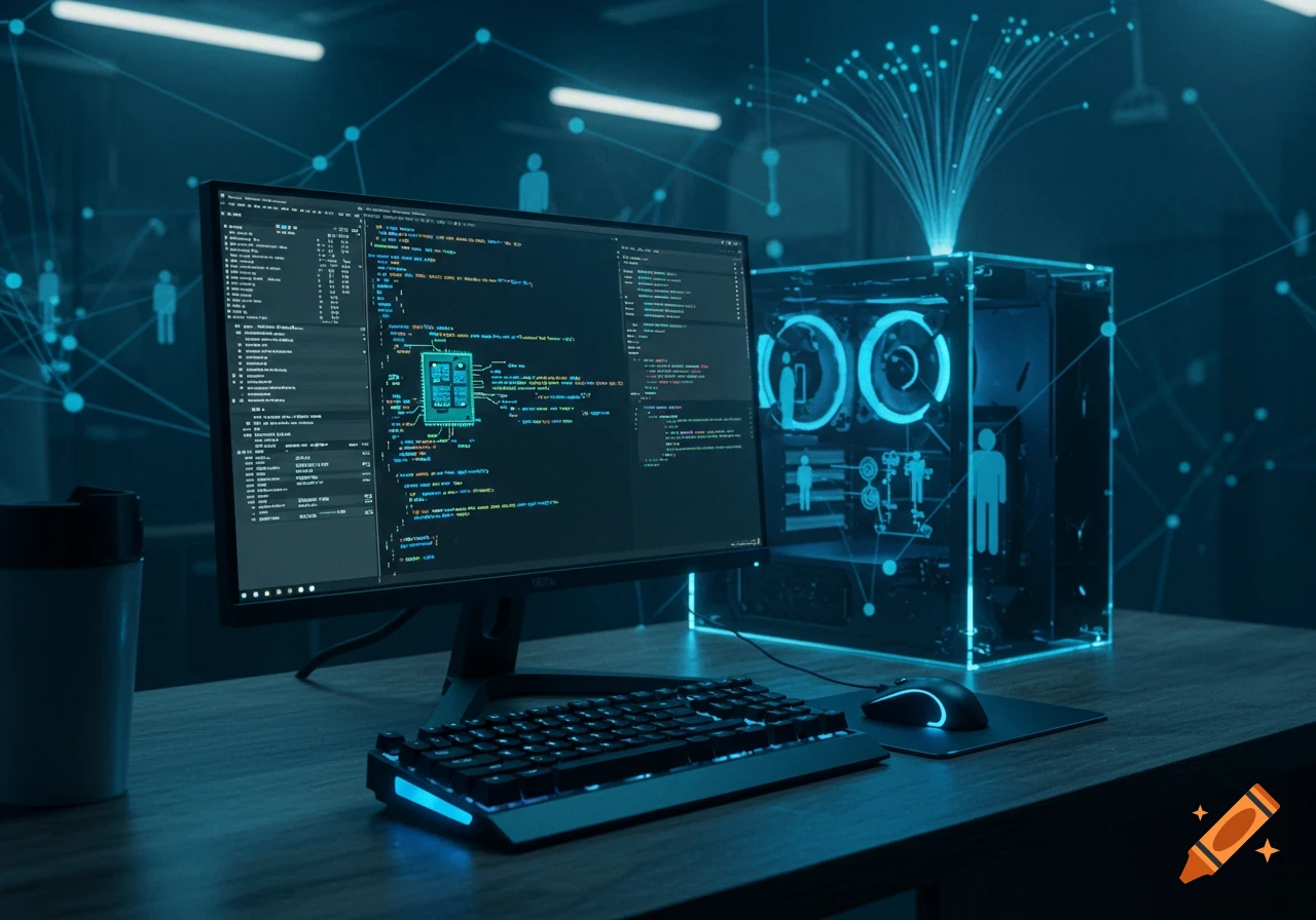 A glowing blue computer setup with a monitor displaying code, a keyboard, a mouse, and a transparent PC case emitting data streams, set against a dark, networked background.