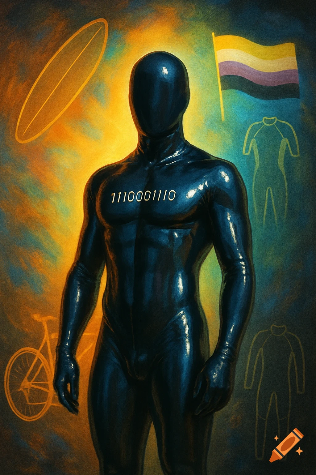 Surreal digital painting of a faceless person in a shiny black catsuit with binary code on chest, surrounded by a non-binary flag, surfboard, bike, and wetsuit.