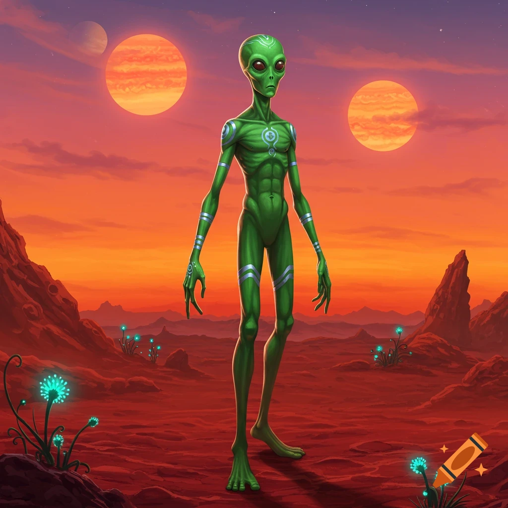 A tall, slender green alien with large eyes stands on a reddish alien planet under an orange sky with two large planets and glowing blue plants.