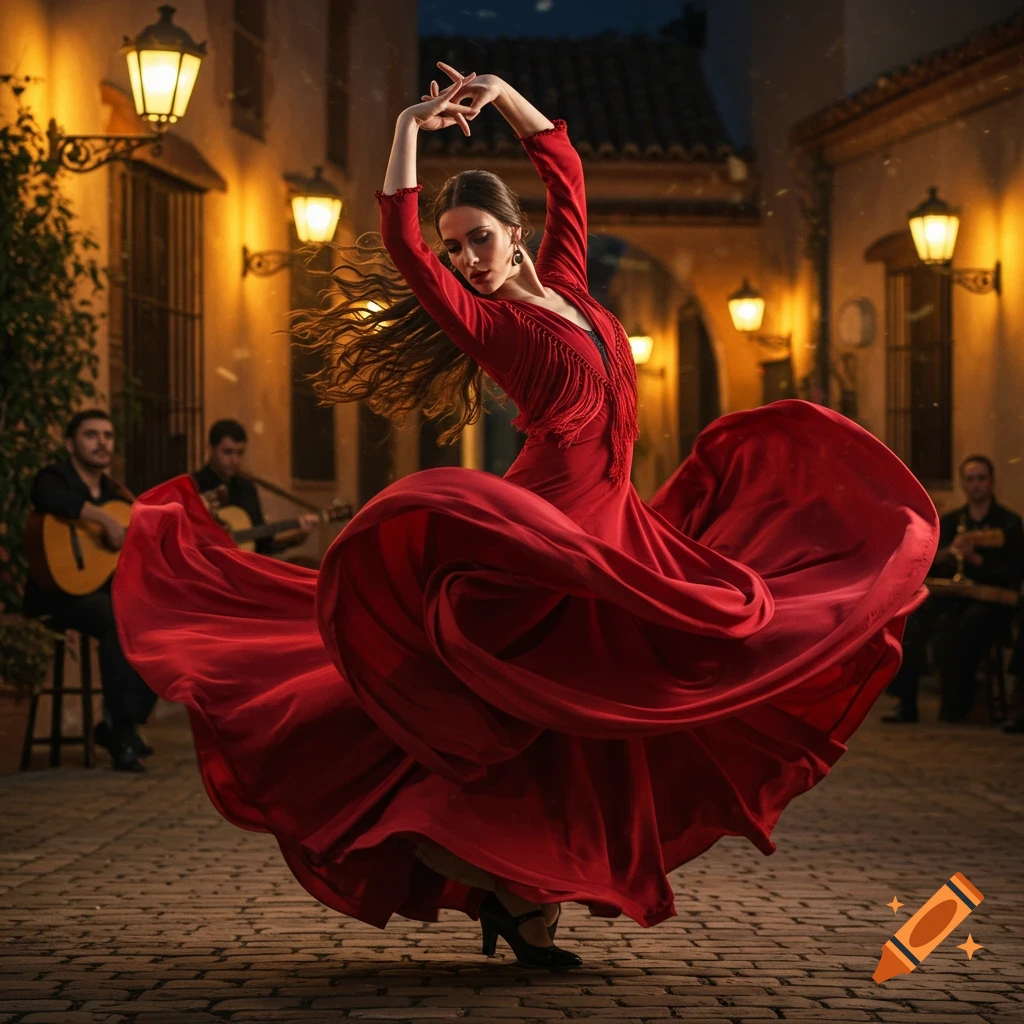 Photorealistic image of a flamenco dancer in a flowing red dress on a cobblestone street at night, with musicians and warm lantern light.