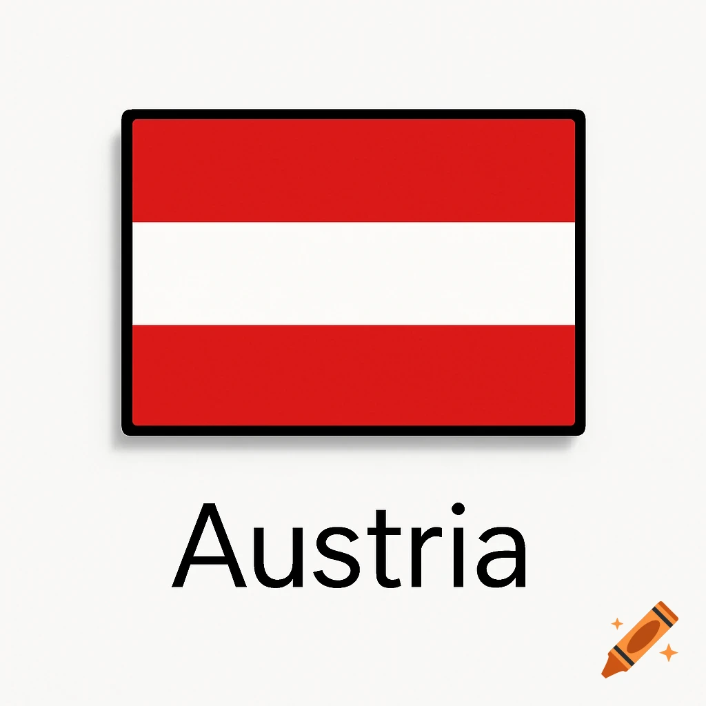 Flag of Austria with red-white-red horizontal stripes and the word 'Austria' below, on a white background.