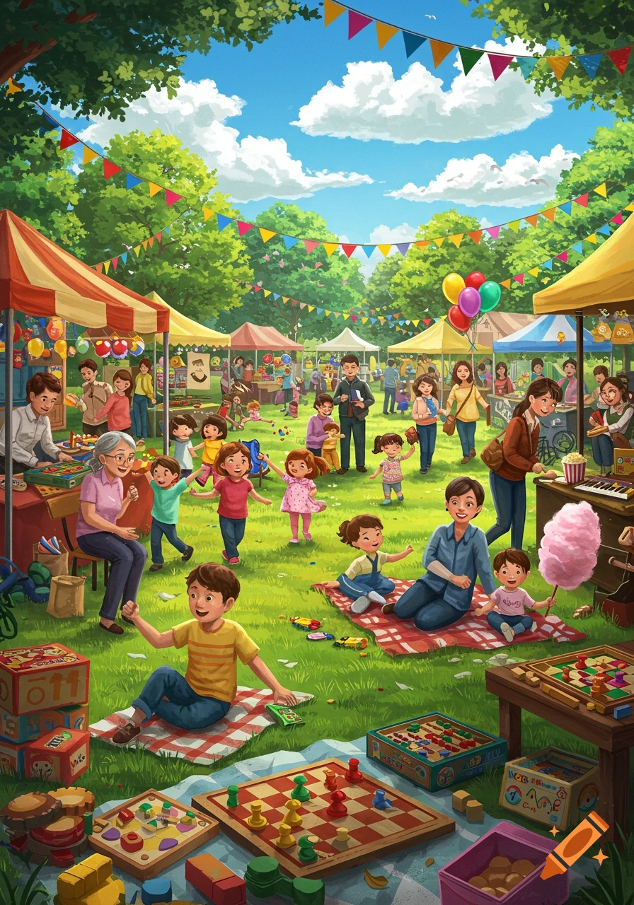 A vibrant illustration of an outdoor family game festival in a park, with adults and children playing board games, enjoying cotton candy, and mingling under colorful tents and banners.