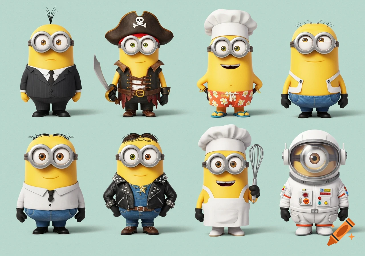 Eight stylized 3D rendered cartoon minions dressed in various costumes, including a businessman, pirate, chef, and astronaut, against a light blue background.