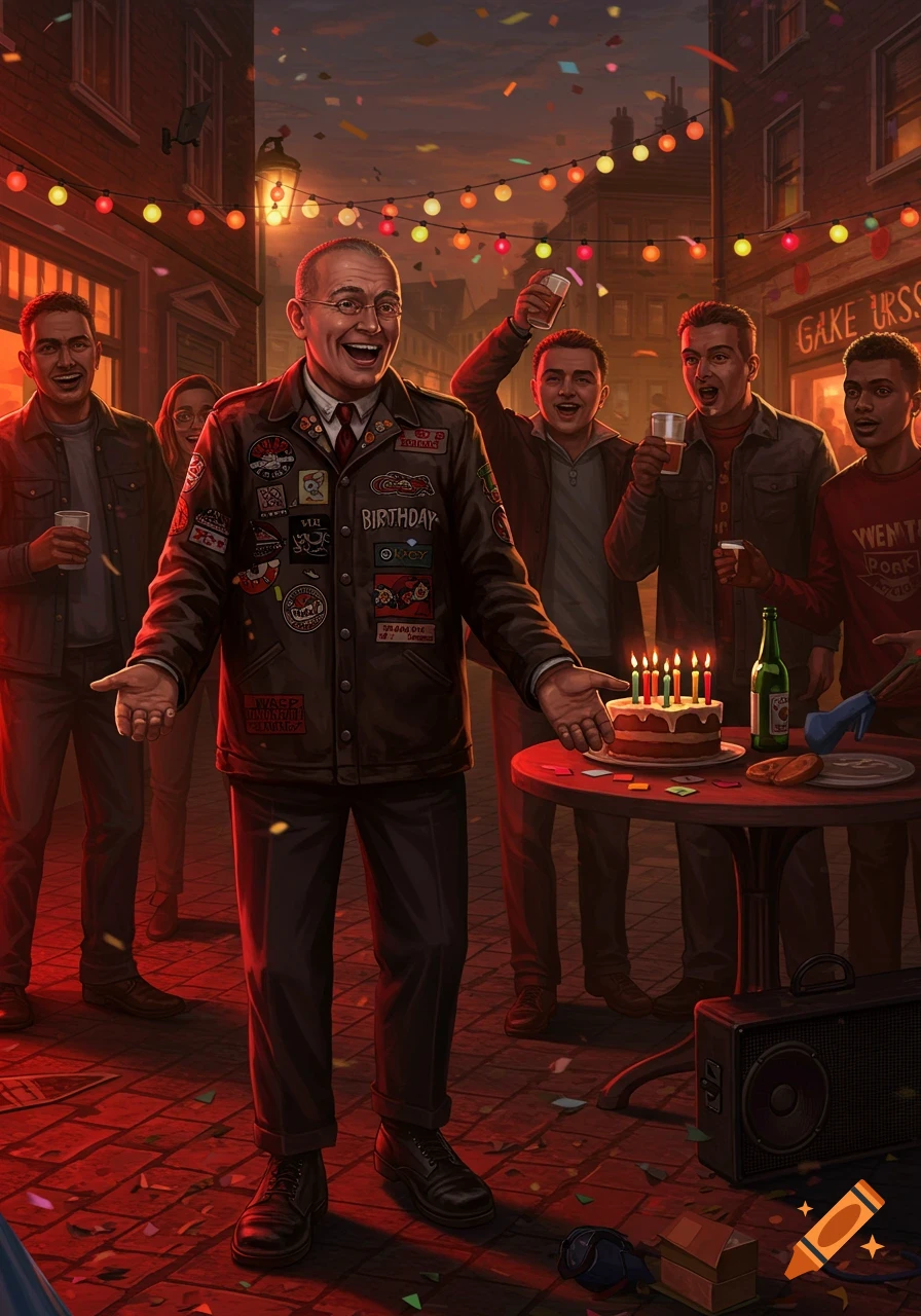A group of men celebrating a birthday outdoors at dusk, with confetti, string lights, a cake, and drinks.