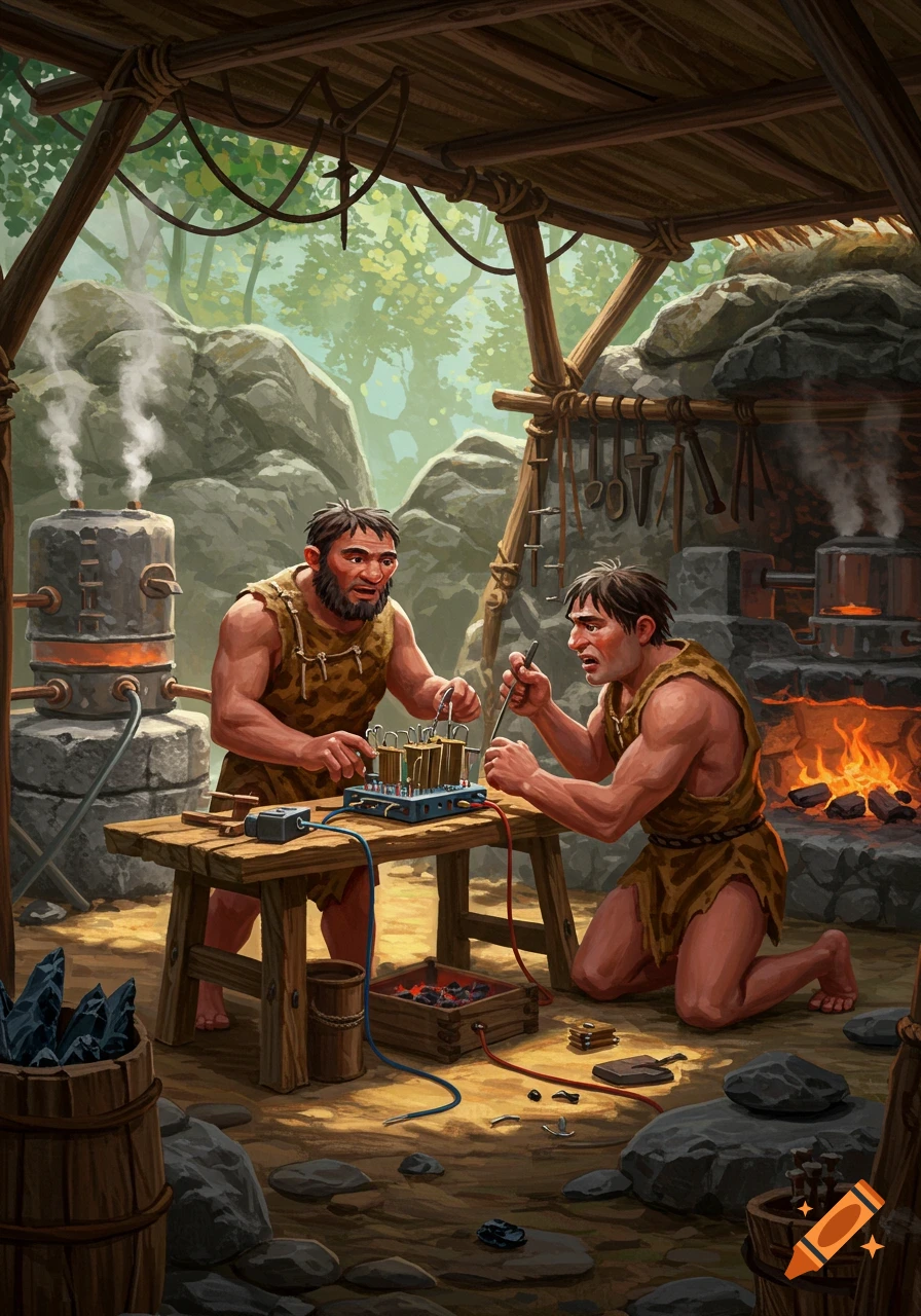 Two primitive men in a rustic workshop assemble an electronic device with primitive tools, steam, and a forge.
