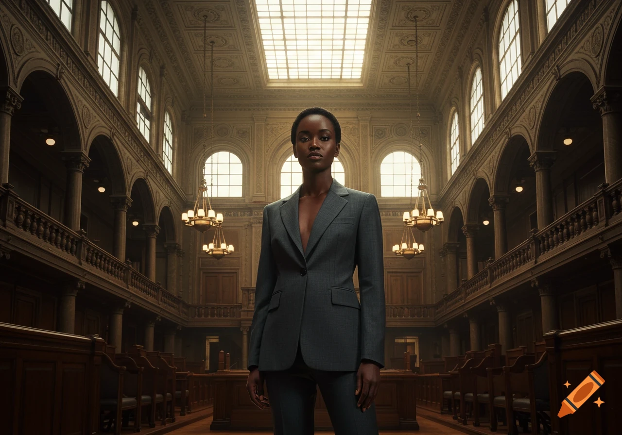 A Black woman in a dark suit stands confidently in the center of a grand, ornate courtroom.