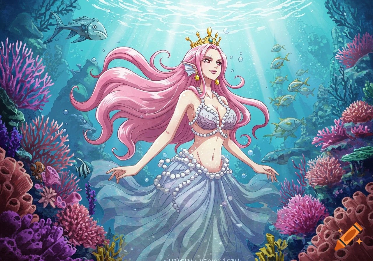 Pink-haired mermaid queen with a gold crown and pearl skirt in a vibrant coral reef, anime style.