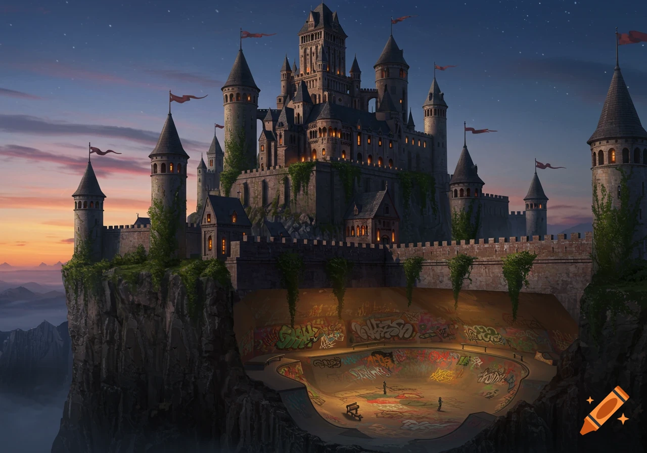 A grand fantasy castle with many towers stands on a cliff, overlooking mountains at sunset, with a graffiti-covered skate park carved into its base.