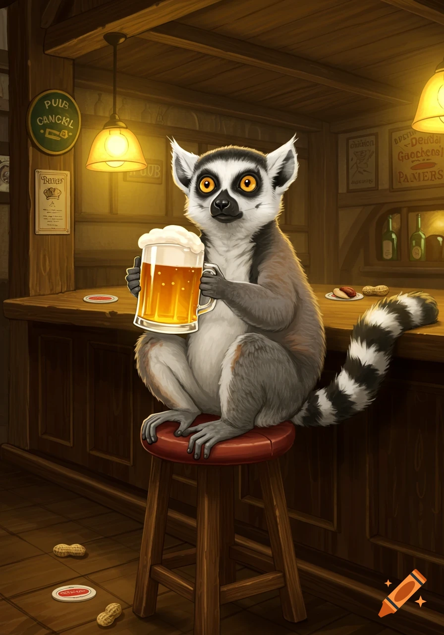 An illustration of a ring-tailed lemur sitting on a bar stool in a rustic pub, holding a frothy tankard of ale.