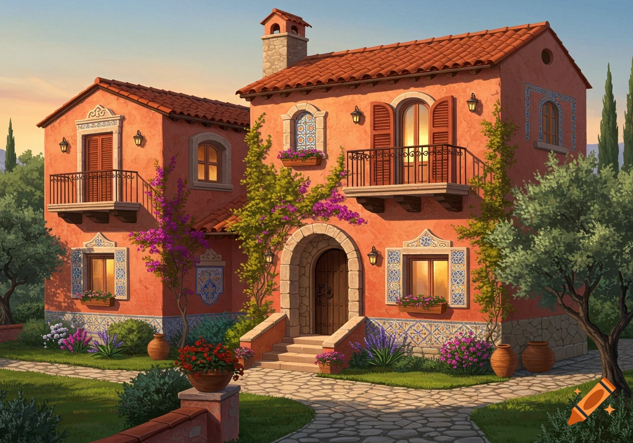 A vibrant Mediterranean-style house with an orange exterior, red tile roof, balconies, and lush green and purple flowering vines, set against a sunset sky.