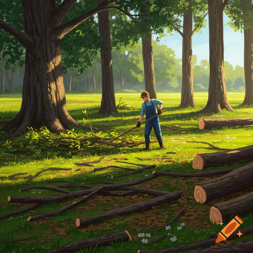 A man in blue overalls and a hat rakes branches and leaves in a sunny forest clearing, surrounded by trees and cut logs.