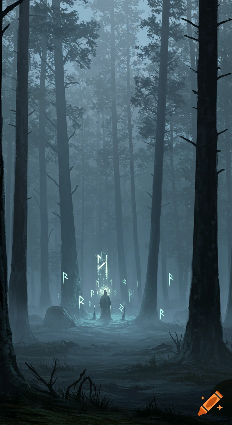 A hooded figure stands in a foggy, cold forest, surrounded by floating, glowing runes under a mystical moonlight.