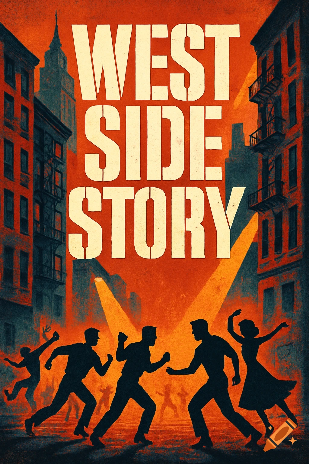 Vintage 'West Side Story' poster with dancing silhouettes in a city street under spotlights, against an orange sky.