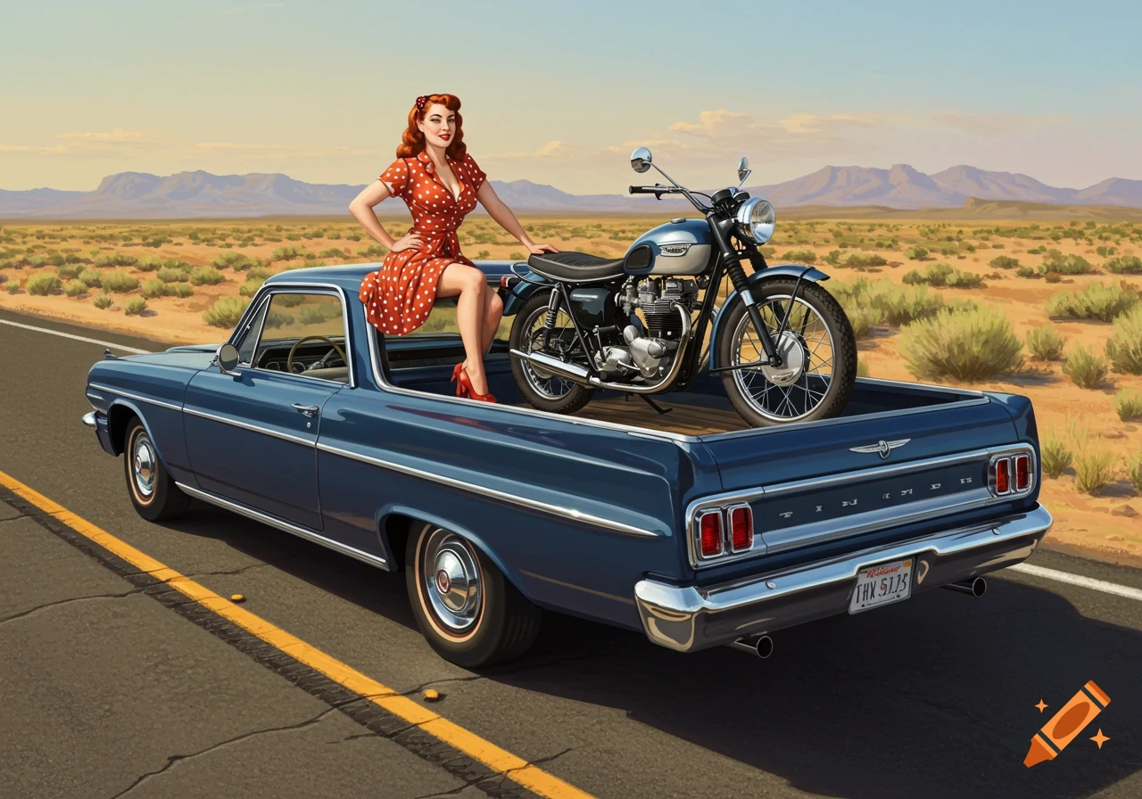 A pinup model in a red polka-dot dress sits on a vintage Triumph motorcycle in the bed of a blue 1960 El Camino, driving on a desert road with mountains in the background.