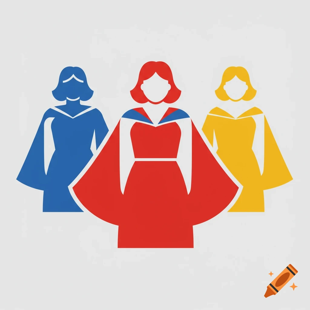 Three stylized women icons in blue, red, and yellow capes, against a white background.